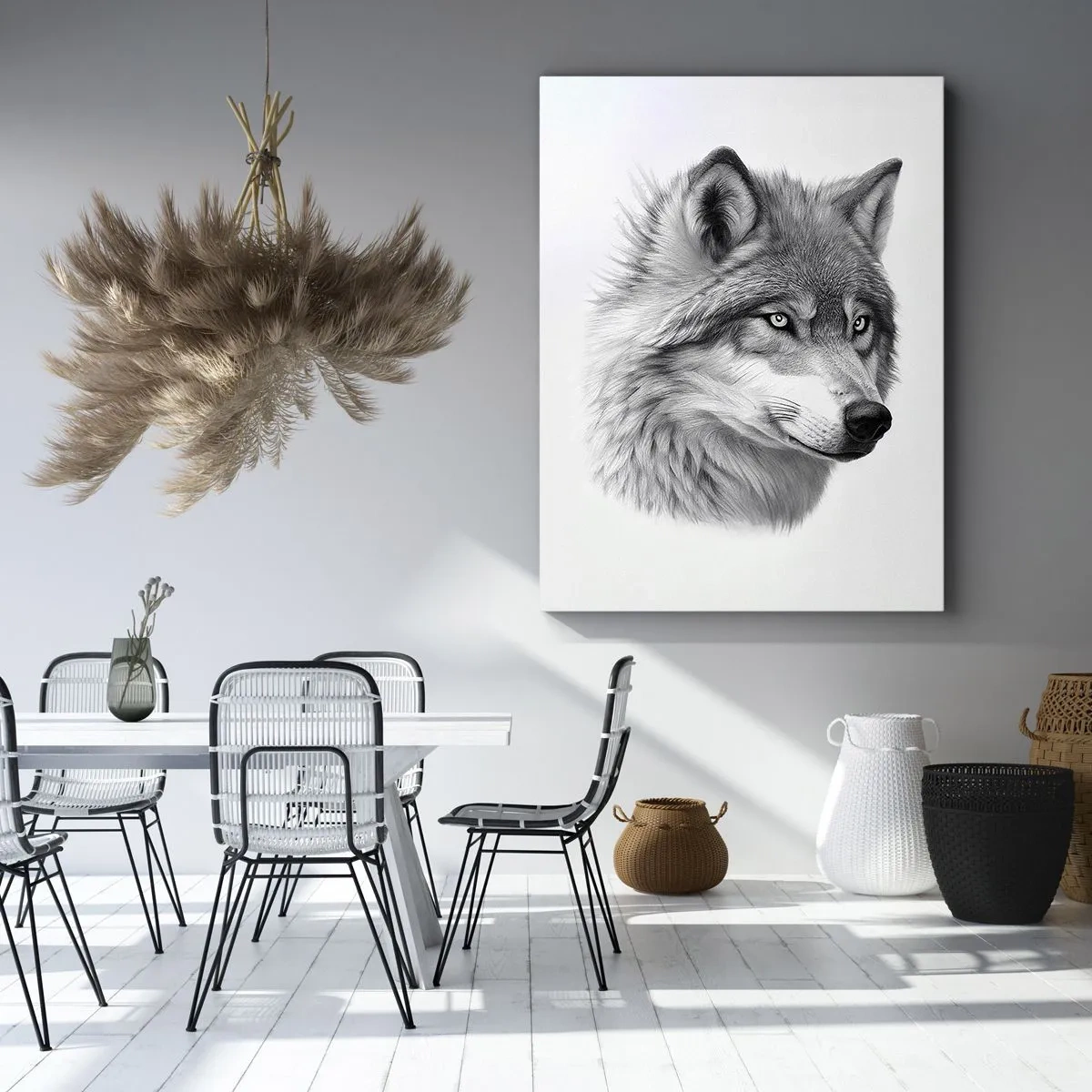 Bild auf Leinwand - Leinwandbild - Ein realistisches Porträt eines Wolfes in Grautönen. - 70x100cm - Alpha – ohne Zweifel - Moderne Wanddekoration für Wohnzimmer und Schlafzimmer ARTTOR