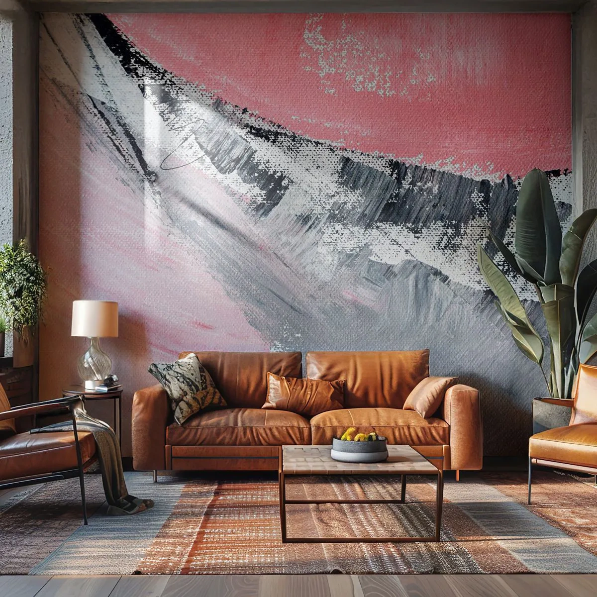 Fototapete Premium Sand - Rosa und graues abstraktes Gemälde mit dynamischen Strichen - 100x70cm - Passende Komposition - Moderne Wanddekoration für Wohnzimmer und Schlafzimmer ARTTOR