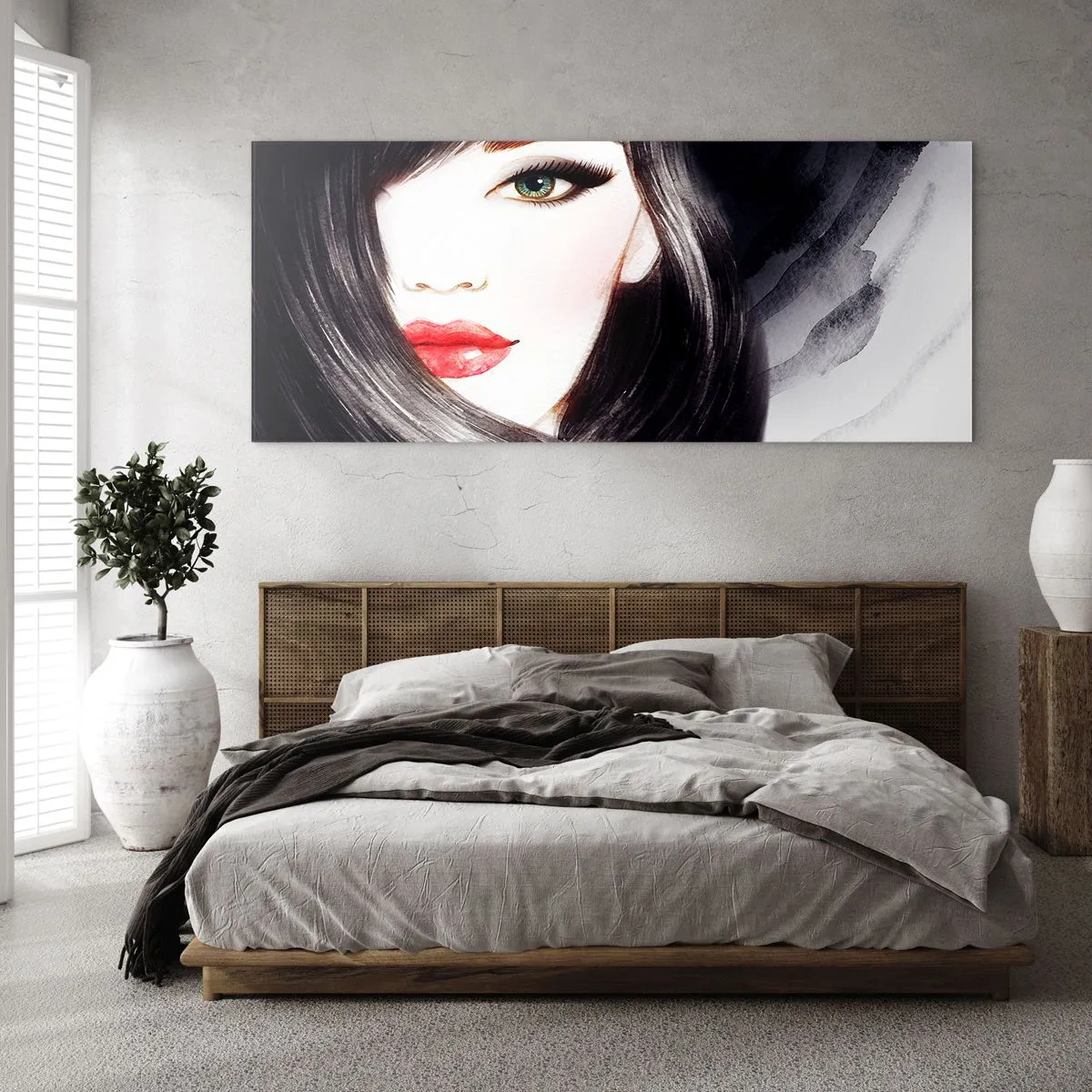 Glasbild - Bild auf glas - Porträt einer Frau mit ausdrucksstarkem Blick und roten Lippen - 120x50cm - Saphir-Optik - Moderne Wanddekoration für Wohnzimmer und Schlafzimmer ARTTOR