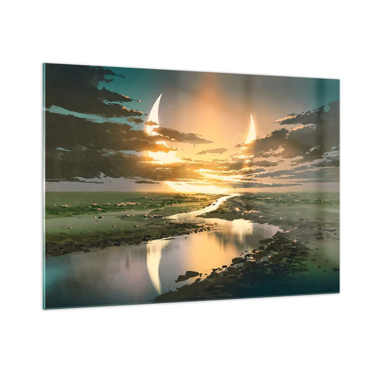 Glasbild - Bild auf glas - Eine fantastische Landschaft mit einem Doppelmond über dem Fluss - 100x70cm - Irgendwo in einer weit, weit entfernten Galaxie - Moderne Wanddekoration für Wohnzimmer und Schlafzimmer ARTTOR