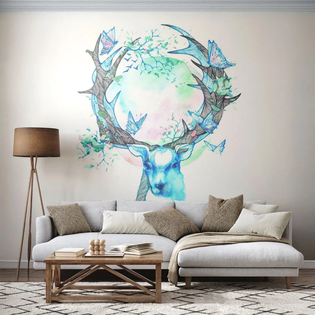 Fototapete Premium Sand - Hirsch mit Schmetterlingen und mystischem Hintergrund in Aquarell - 100x70cm - Die Kraft und Feinheit der Natur - Moderne Wanddekoration für Wohnzimmer und Schlafzimmer ARTTOR