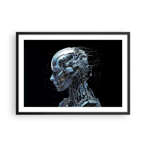 Poster in einem schwarzem Rahmen - Futuristisches Porträt eines Cyborgs im Industriestil auf schwarzem Hintergrund. - 70x50cm - Technologie ist eine Frau - Moderne Wanddekoration für Wohnzimmer und Schlafzimmer ARTTOR