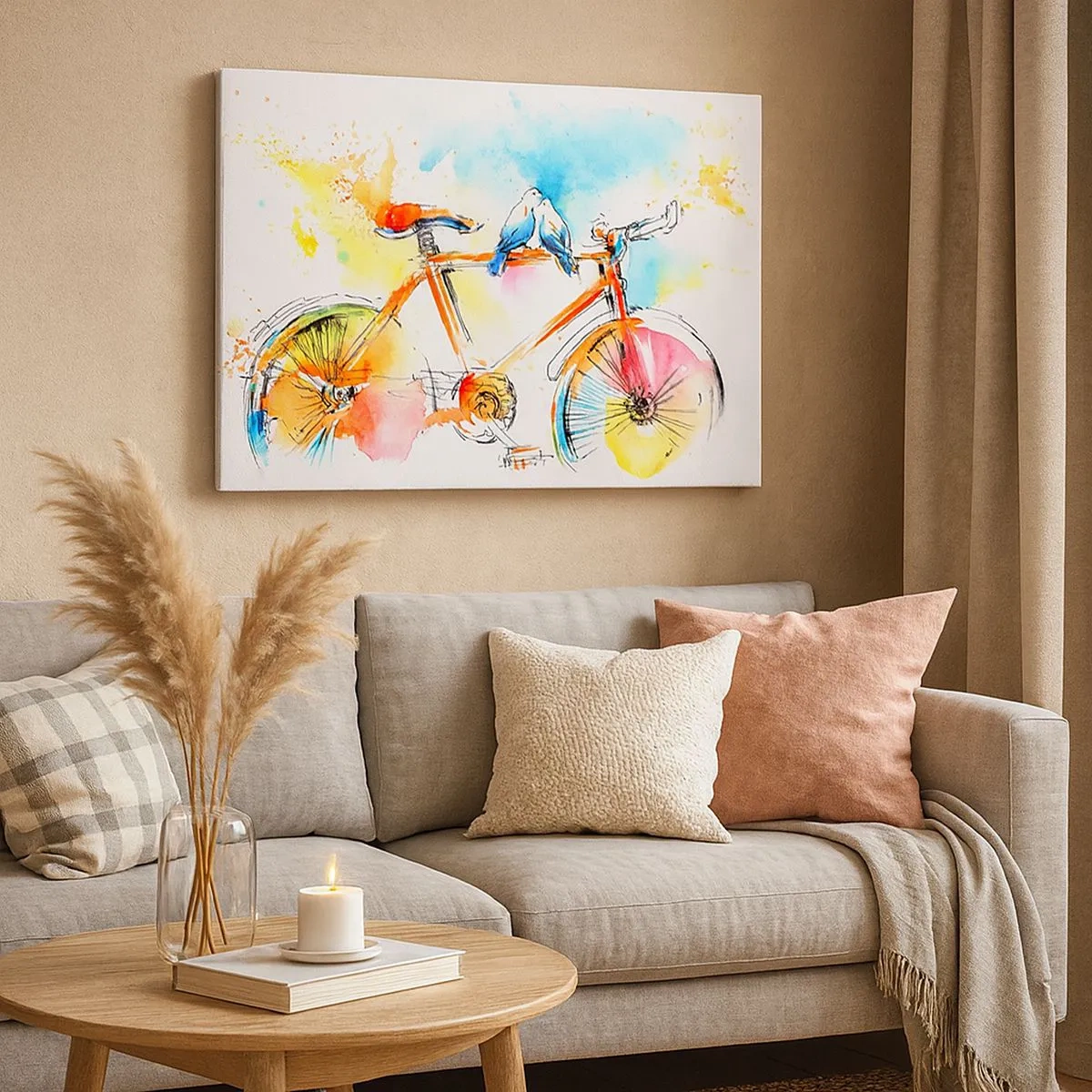 Bild auf Leinwand - Leinwandbild - Buntes Aquarell eines Fahrrads mit darauf sitzenden Vögeln - 70x50cm - Fahrrad für zwei - Moderne Wanddekoration für Wohnzimmer und Schlafzimmer ARTTOR
