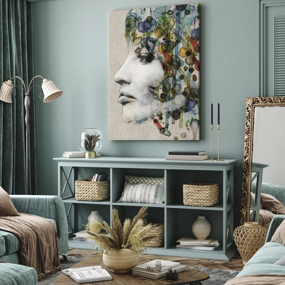 Bild auf Leinwand - Leinwandbild - Profil einer Frau in Aquarellfarben mit abstraktem Hintergrund - 70x100cm - Sie tauchte aus dem Grau auf - Moderne Wanddekoration für Wohnzimmer und Schlafzimmer ARTTOR