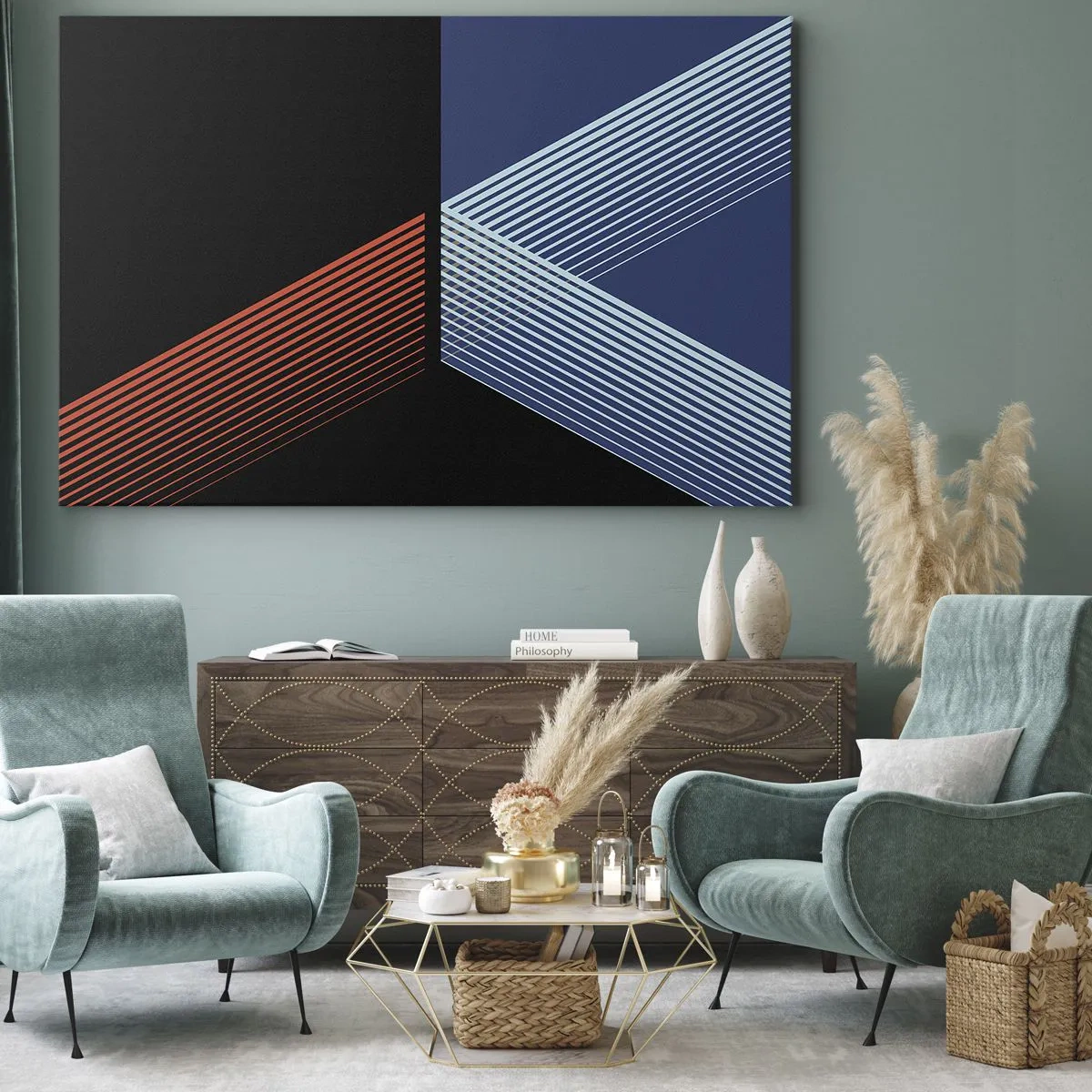 Bild auf Leinwand - Leinwandbild - Geometrische Linien in Rot- und Blautönen - 100x70cm - Eine einfache Geschichte - Moderne Wanddekoration für Wohnzimmer und Schlafzimmer ARTTOR