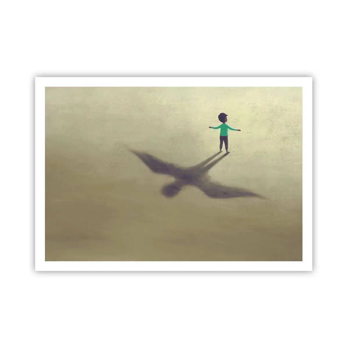 Poster - Eine symbolische Figur eines Kindes mit dem Schatten eines Vogels vor einem Hintergrund in warmen Farbtönen. - 100x70cm - Der Held der Zukunft - Moderne Wanddekoration für Wohnzimmer und Schlafzimmer ARTTOR