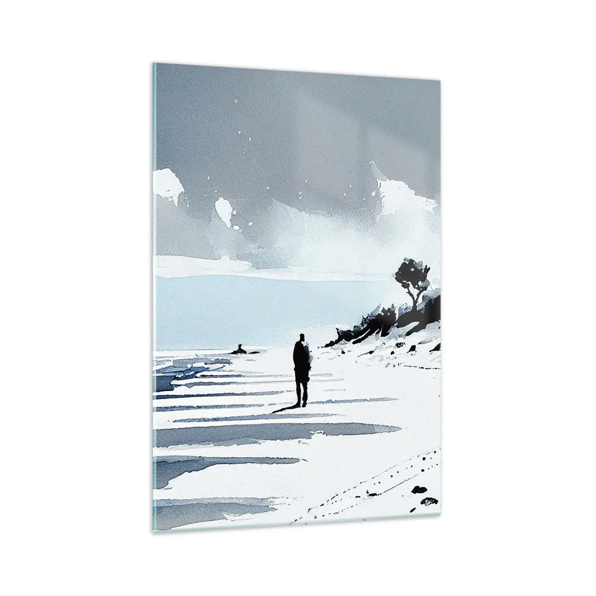Glasbild - Bild auf glas - Eine einsame Gestalt, die an einem leeren Strand entlanggeht - 70x100cm - Allein sein - Moderne Wanddekoration für Wohnzimmer und Schlafzimmer ARTTOR