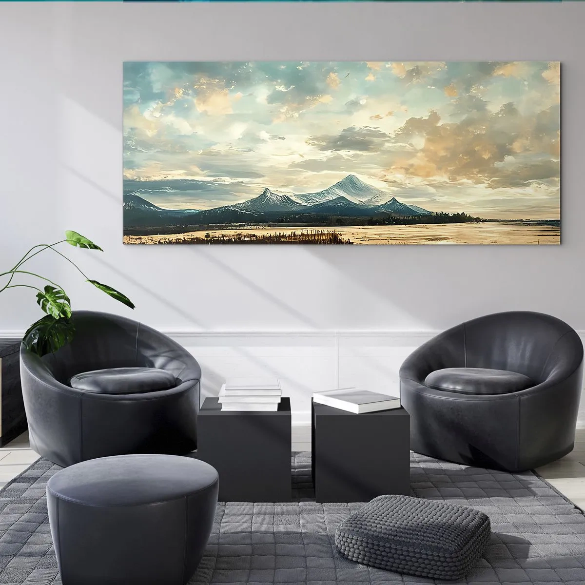 Glasbild - Bild auf glas - Eine malerische Landschaft mit einem Berg und einem ruhigen See - 120x50cm - Unter dem Schutz des Himmels - Moderne Wanddekoration für Wohnzimmer und Schlafzimmer ARTTOR