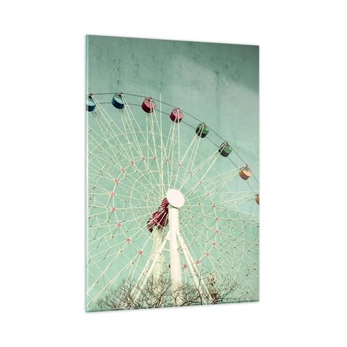 Glasbild - Bild auf glas - Ein buntes Riesenrad vor einem pastellgrünen Hintergrund - 50x70cm - Wir laden zum Spiel ein - Moderne Wanddekoration für Wohnzimmer und Schlafzimmer ARTTOR