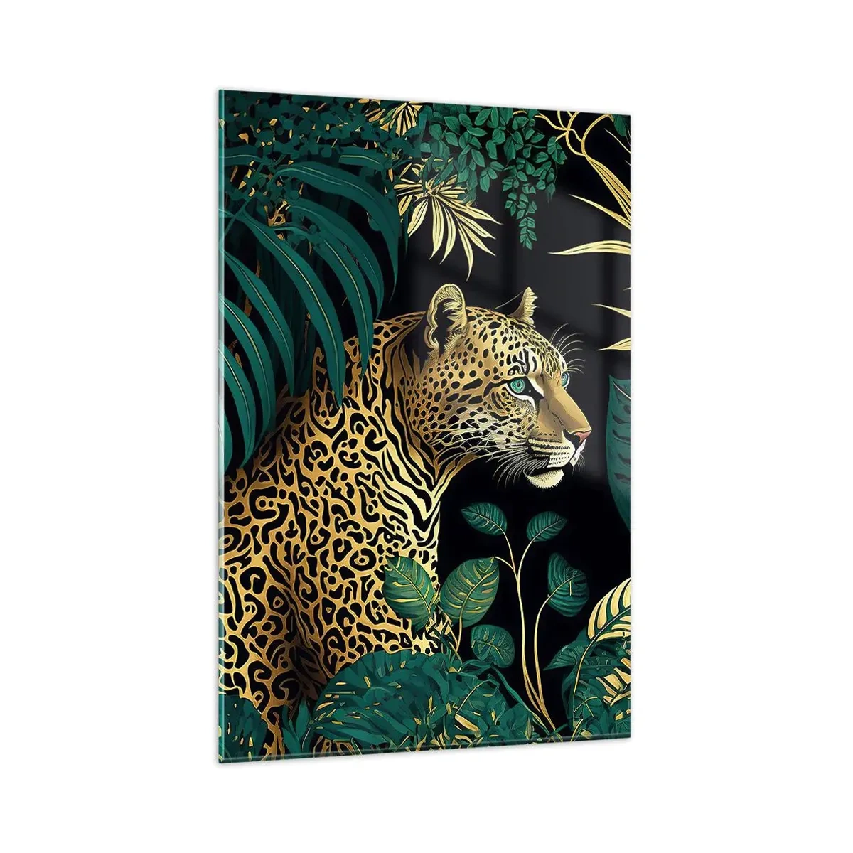 Glasbild - Bild auf glas - Leopard in tropischen Blättern auf schwarzem Hintergrund - 80x120cm - Gastgeber im Dschungel - Moderne Wanddekoration für Wohnzimmer und Schlafzimmer ARTTOR