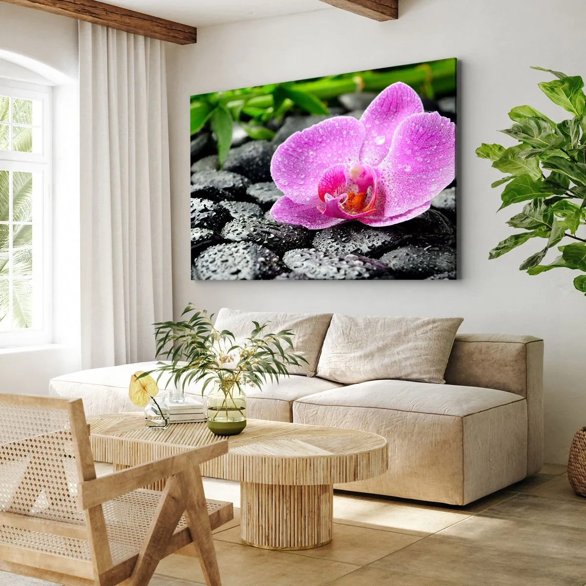 Bild auf Leinwand - Leinwandbild - Rosa Orchidee auf nassen schwarzen Steinen mit grünen Blättern - 120x80cm - Wie ein offenes Herz - Moderne Wanddekoration für Wohnzimmer und Schlafzimmer ARTTOR