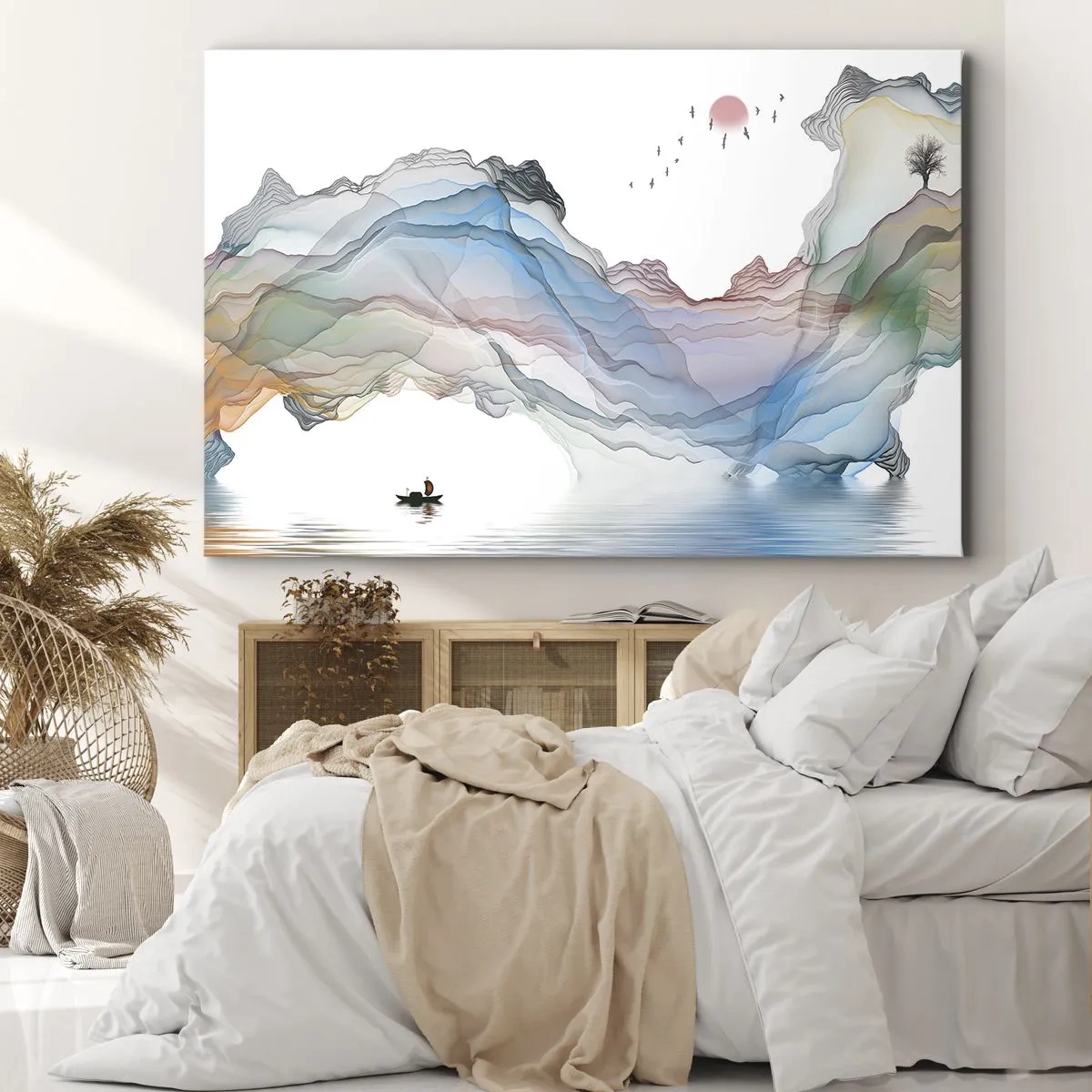 Bild auf Leinwand - Leinwandbild - Eine subtile Landschaft mit Bergen, Wasser und einem Boot - 100x70cm - Zu den Kristallbergen - Moderne Wanddekoration für Wohnzimmer und Schlafzimmer ARTTOR