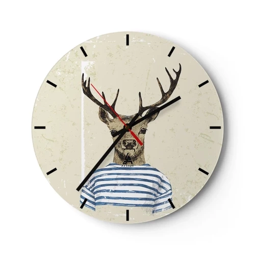 Wanduhr - Glasuhr - Ein Cartoon-Hirsch in gestreifter Kleidung vor einem beigen Hintergrund - 30x30cm - Weil ich gestreifte T-Shirts mag! - Moderne Wanddekoration für Wohnzimmer, Küche und Schlafzimmer ARTTOR