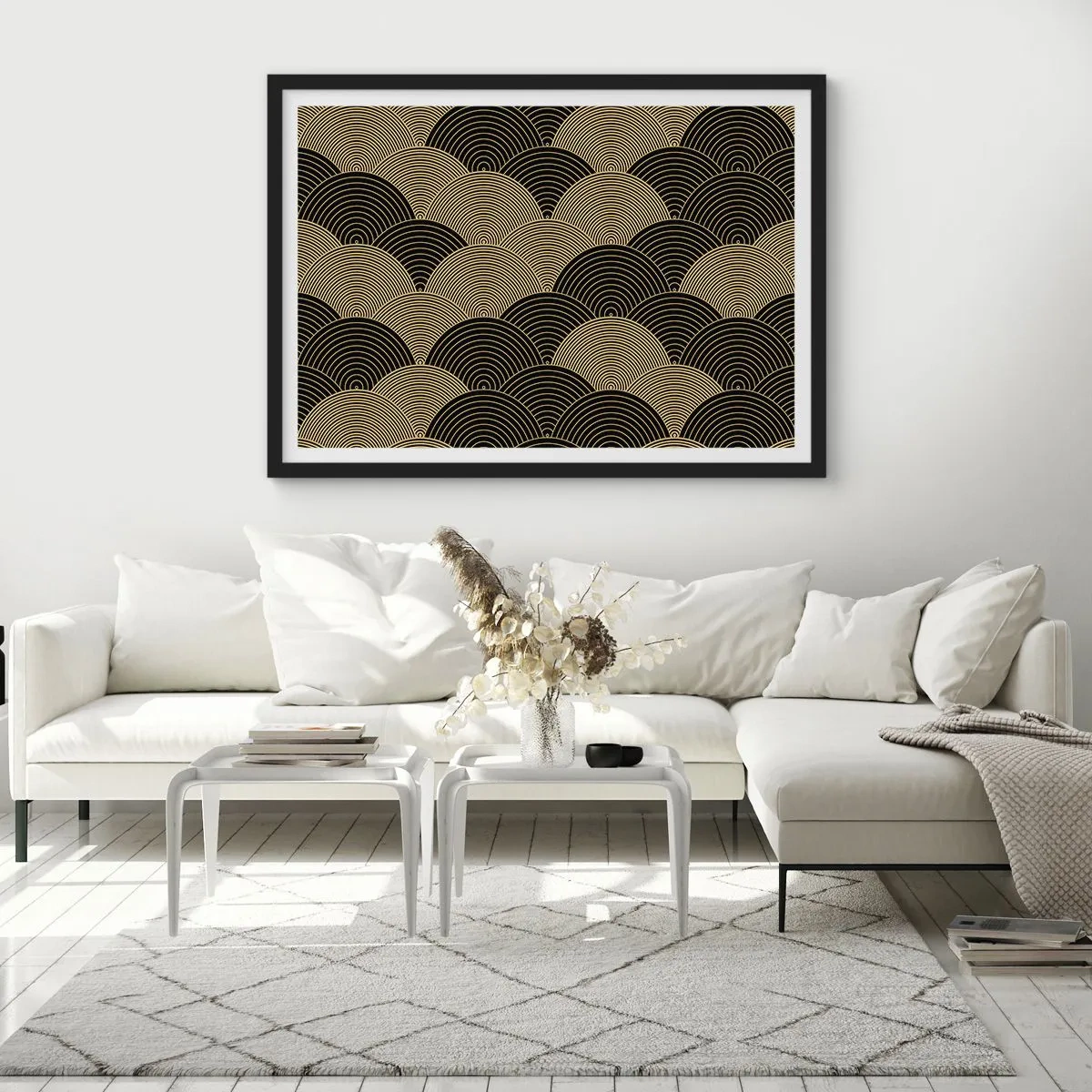 Poster in einem schwarzem Rahmen - Art-Deco-Muster mit Halbkreisen und goldenen Linien - 100x70cm - Einheit in der Vielfalt - Moderne Wanddekoration für Wohnzimmer und Schlafzimmer ARTTOR