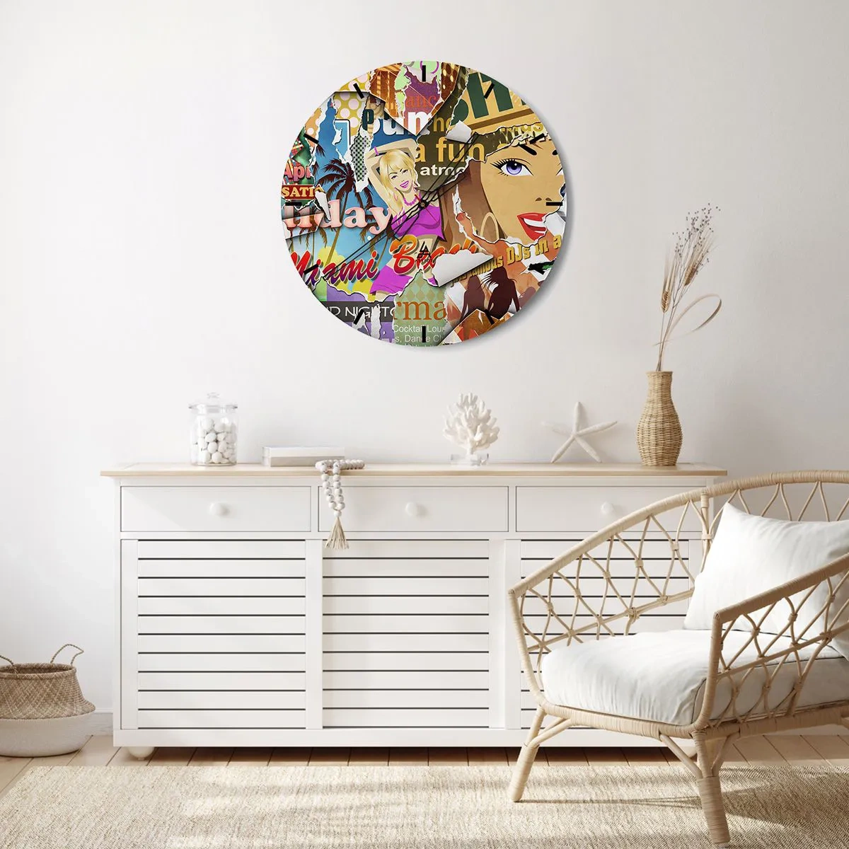 Wanduhr - Glasuhr - Eine farbenfrohe Komposition aus Postern im Retro-Stil - 30x30cm - Sommer Rückblicke - Moderne Wanddekoration für Wohnzimmer, Küche und Schlafzimmer ARTTOR