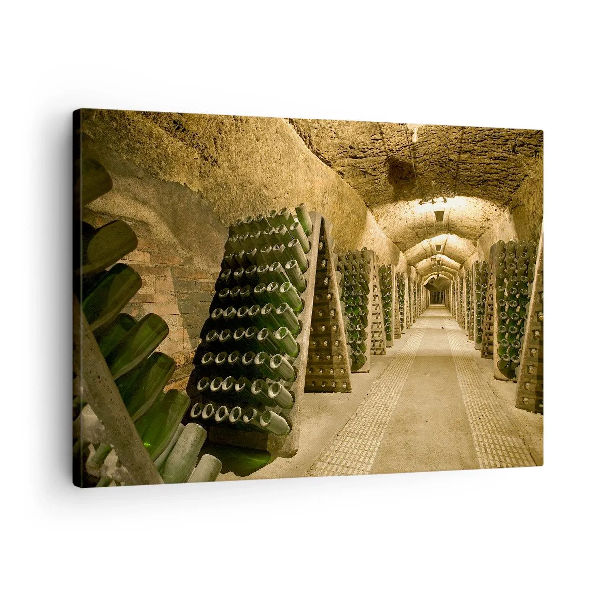 Bild auf Leinwand - Leinwandbild - Ein Weinberg mit einem Keller voller Weinflaschen, die auf Holzregalen ausgestellt sind. - 70x50cm - Die Geburt des Geschmacks - Moderne Wanddekoration für Wohnzimmer und Schlafzimmer ARTTOR