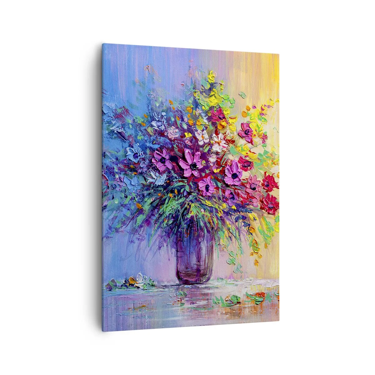 Bild auf Leinwand - Leinwandbild - Ein bunter Blumenstrauß in einer Vase vor einem Hintergrund mit Farbverlauf - 70x100cm - Sommergeschenk der Wiese - Moderne Wanddekoration für Wohnzimmer und Schlafzimmer ARTTOR