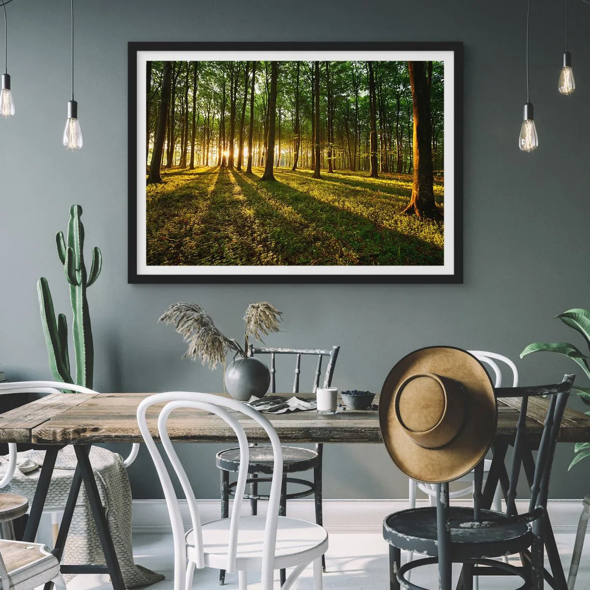 Poster in einem schwarzem Rahmen - Die untergehende Sonne im Laubwald - 70x50cm - Alle Frühlingsfotografie - Moderne Wanddekoration für Wohnzimmer und Schlafzimmer ARTTOR