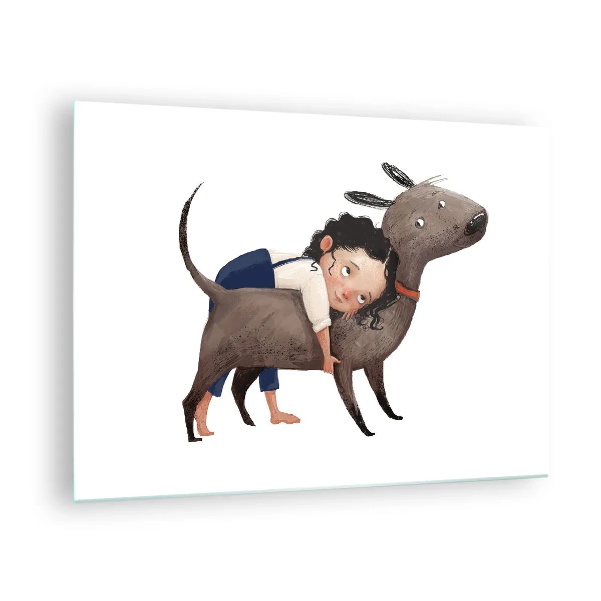Glasbild - Bild auf glas - Ein Mädchen umarmt einen großen Hund auf weißem Hintergrund - 70x50cm - Beste Freunde - Moderne Wanddekoration für Wohnzimmer und Schlafzimmer ARTTOR