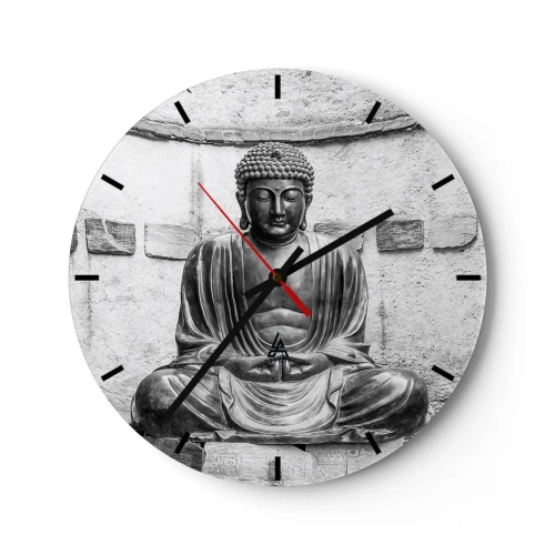 Wanduhr - Glasuhr - Eine Buddha-Statue im monochromen Stil vor einem Wandhintergrund - 30x30cm - An der Quelle des Friedens - Moderne Wanddekoration für Wohnzimmer, Küche und Schlafzimmer ARTTOR