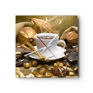 Wanduhr - Glasuhr - Eine Tasse heiße Schokolade, umgeben von Kakao und Zimt - 30x30cm - Für Nervenkitzel-Suchende - Moderne Wanddekoration für Wohnzimmer und Schlafzimmer ARTTOR