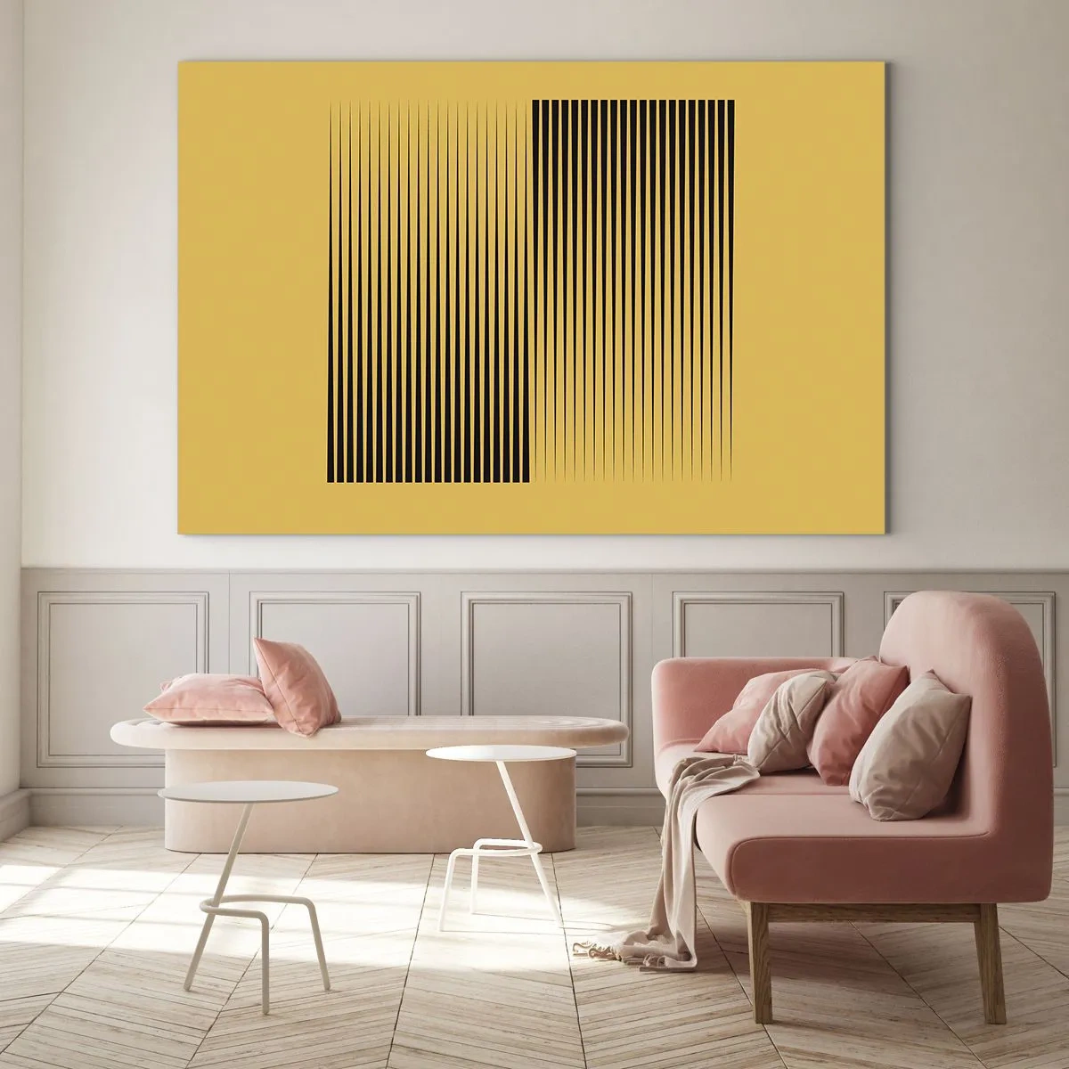 Glasbild - Bild auf glas - Schwarze vertikale Linien erzeugen eine geometrische Illusion - 70x50cm - Quadratur der Gegensätze - Moderne Wanddekoration für Wohnzimmer und Schlafzimmer ARTTOR