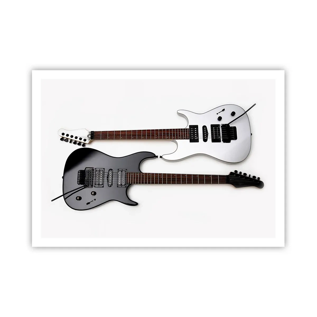 Poster - Zwei E-Gitarren in Schwarz und Weiß auf hellem Hintergrund. - 100x70cm - Harmonie der Formen - Moderne Wanddekoration für Wohnzimmer und Schlafzimmer ARTTOR