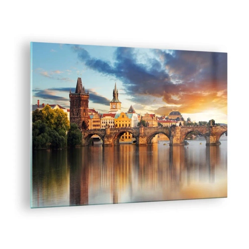 Glasbild - Bild auf glas - Karlsbrücke bei Sonnenuntergang mit malerischen Gebäuden im Hintergrund - 70x50cm - Schön seit Ewigkeiten - Moderne Wanddekoration für Wohnzimmer und Schlafzimmer ARTTOR