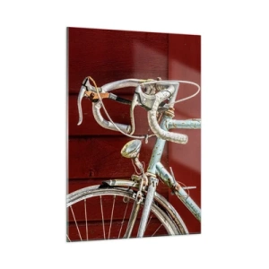 Glasbild - Bild auf glas - Ein altes Rennrad aus den 1970er Jahren vor einer roten Holzwand - 50x70cm - Geschaffen um zu siegen - Moderne Wanddekoration für Wohnzimmer und Schlafzimmer ARTTOR