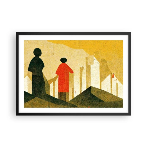 Poster in einem schwarzem Rahmen - Geometrische Silhouetten in Rot und Grün auf gelbem Hintergrund - 70x50cm - Es ist noch ein langer Weg - Moderne Wanddekoration für Wohnzimmer und Schlafzimmer ARTTOR