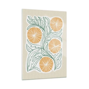 Glasbild - Bild auf glas - Orangefarbene Früchte und grüne Blätter in einer grafischen Komposition - 50x70cm - Ethnisch mit einem Hauch von Abstraktion - Moderne Wanddekoration für Wohnzimmer und Schlafzimmer ARTTOR