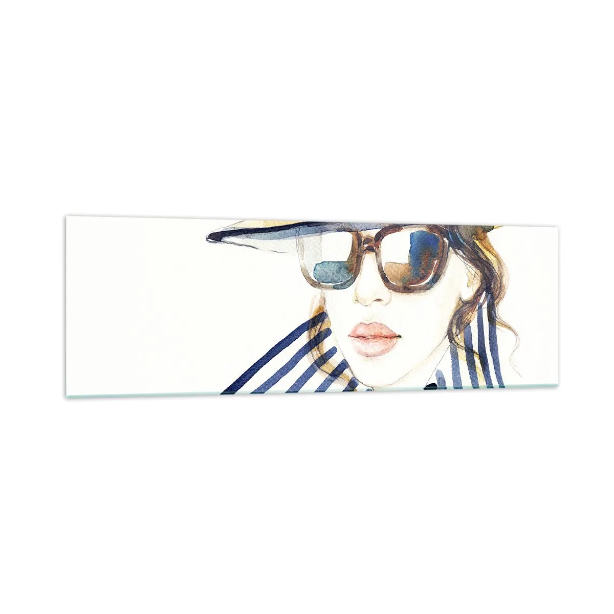 Glasbild - Bild auf glas - Porträt einer Frau mit Hut und Sonnenbrille - 160x50cm - Florida heißt Sie willkommen! - Moderne Wanddekoration für Wohnzimmer und Schlafzimmer ARTTOR