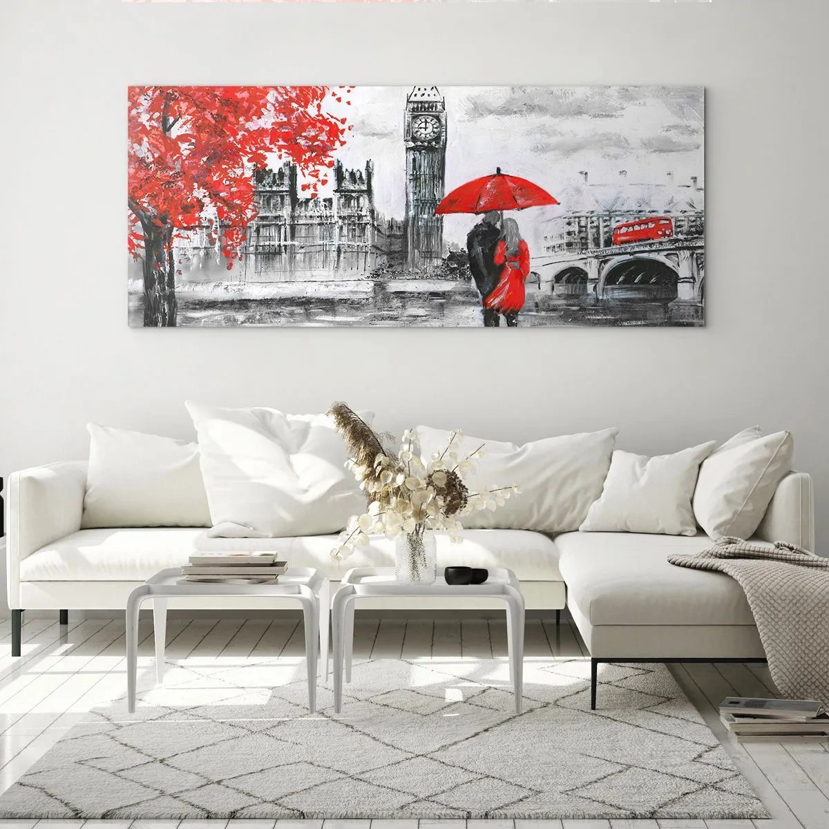 Glasbild - Bild auf glas - Romantische Szene mit Big Ben und einem roten Regenschirm - 140x50cm - Verliebt in London - Moderne Wanddekoration für Wohnzimmer und Schlafzimmer ARTTOR