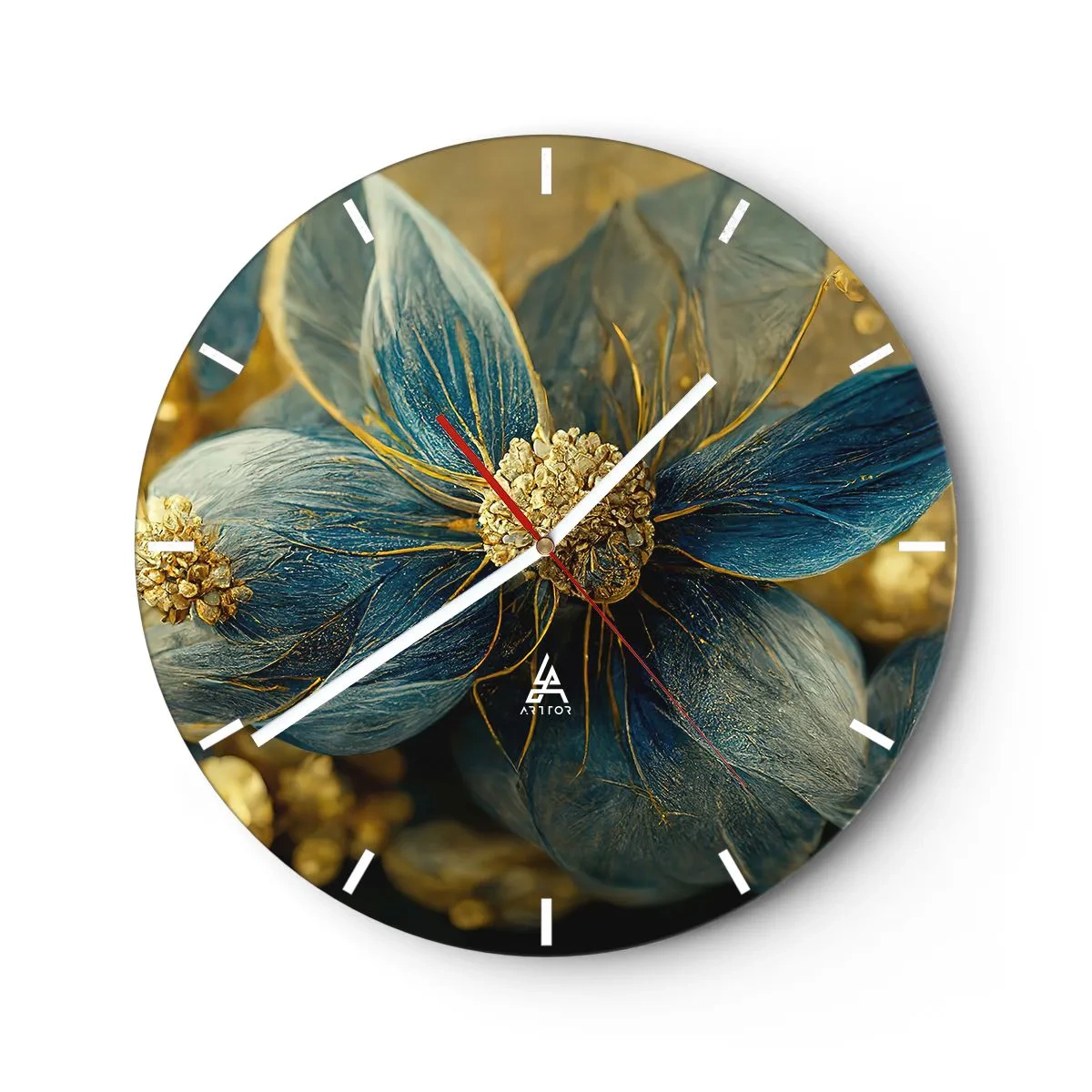 Wanduhr - Glasuhr - Eine Blume in Gold- und Blautönen - 30x30cm - Mit Gold blühen - Moderne Wanddekoration für Wohnzimmer, Küche und Schlafzimmer ARTTOR