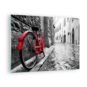 Glasbild - Bild auf glas - Ein rotes Fahrrad auf einer Kopfsteinpflasterstraße mit monochromem Hintergrund. - 70x50cm - Wahre Schönheit wird nicht alt - Moderne Wanddekoration für Wohnzimmer und Schlafzimmer ARTTOR