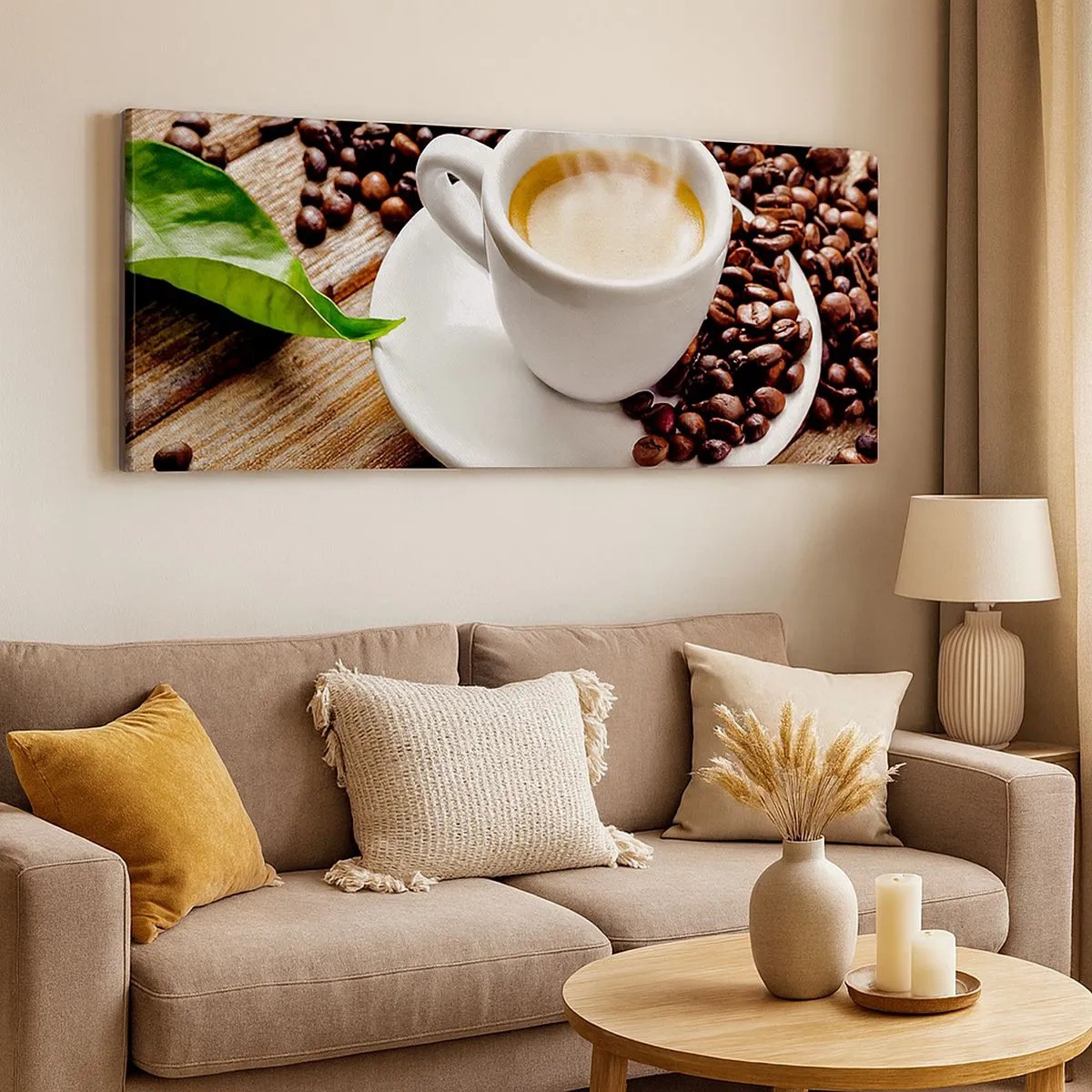 Bild auf Leinwand - Leinwandbild - Kaffee auf der Bank - 100x40 cm