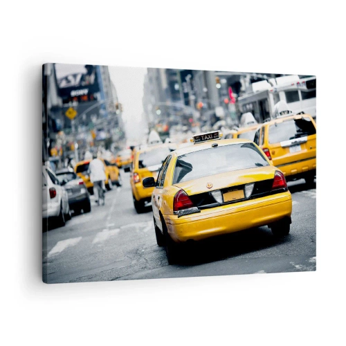 Bild auf Leinwand - Leinwandbild - Gelbe Taxis auf einer belebten Stadtstraße im Zentrum der Metropole - 70x50cm - Nur in dieser Stadt - Moderne Wanddekoration für Wohnzimmer und Schlafzimmer ARTTOR