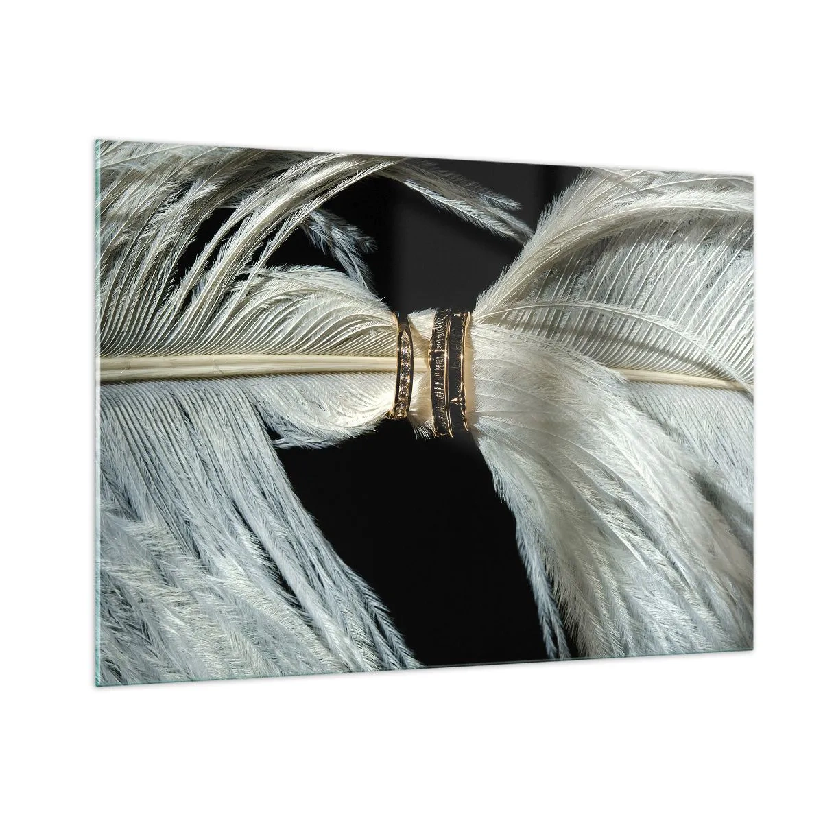 Glasbild - Bild auf glas - Nahaufnahme von Eheringen auf weißen Federn vor schwarzem Hintergrund - 100x70cm - ... und ich werde dich nicht verlassen ... - Moderne Wanddekoration für Wohnzimmer und Schlafzimmer ARTTOR