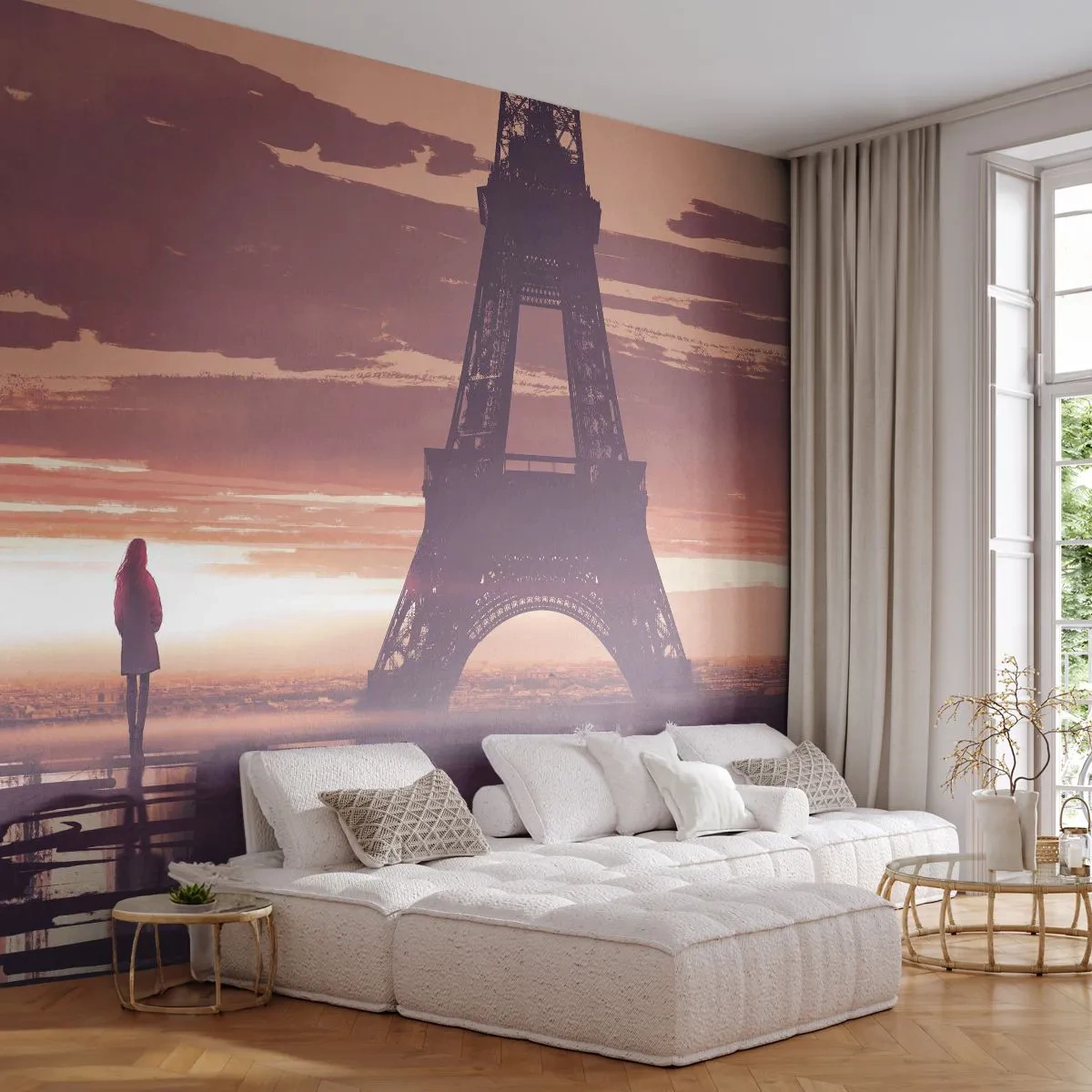 Fototapete Standard Eco - Der Eiffelturm bei Sonnenuntergang mit einer einsamen Gestalt im Hintergrund - 100x70cm - Nur zwei davon - Moderne Wanddekoration für Wohnzimmer und Schlafzimmer ARTTOR