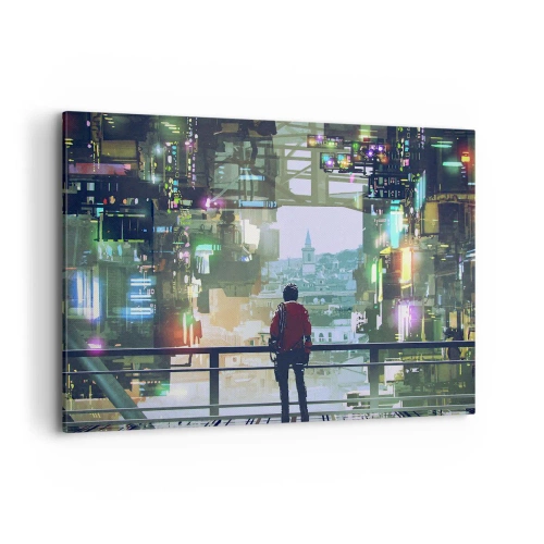 Bild auf Leinwand - Leinwandbild - Eine Figur in einer futuristischen Stadt mit Neonlichtern - 100x70cm - Zwei Welten - Moderne Wanddekoration für Wohnzimmer und Schlafzimmer ARTTOR