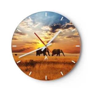 Wanduhr - Glasuhr - Elefanten wandern bei Sonnenuntergang durch die Savanne - 30x30cm - Familienspaziergang - Moderne Wanddekoration für Wohnzimmer, Küche und Schlafzimmer ARTTOR