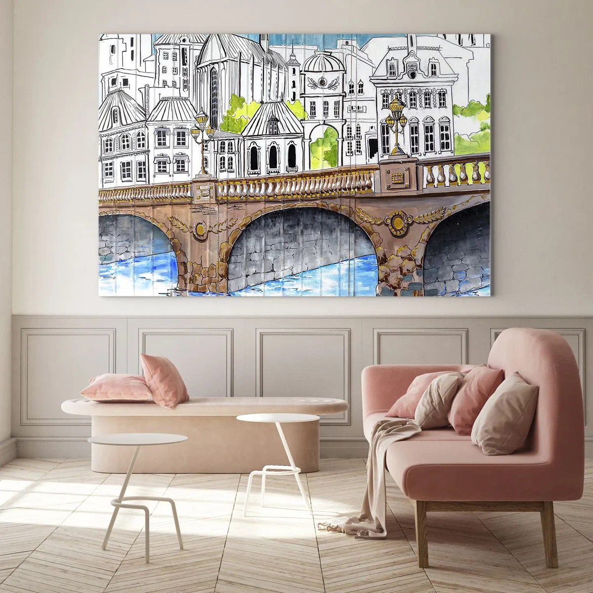 Glasbild - Bild auf glas - Die Brücke und die Stadtarchitektur in Form einer Aquarellskizze - 100x70cm - Die Stadt ist gemalt - Moderne Wanddekoration für Wohnzimmer und Schlafzimmer ARTTOR