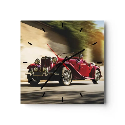 Wanduhr - Glasuhr - Roter Oldtimer in Bewegung auf einer sonnigen Straße - 30x30cm - Schöner als Nike von Samothrake - Moderne Wanddekoration für Wohnzimmer und Schlafzimmer ARTTOR