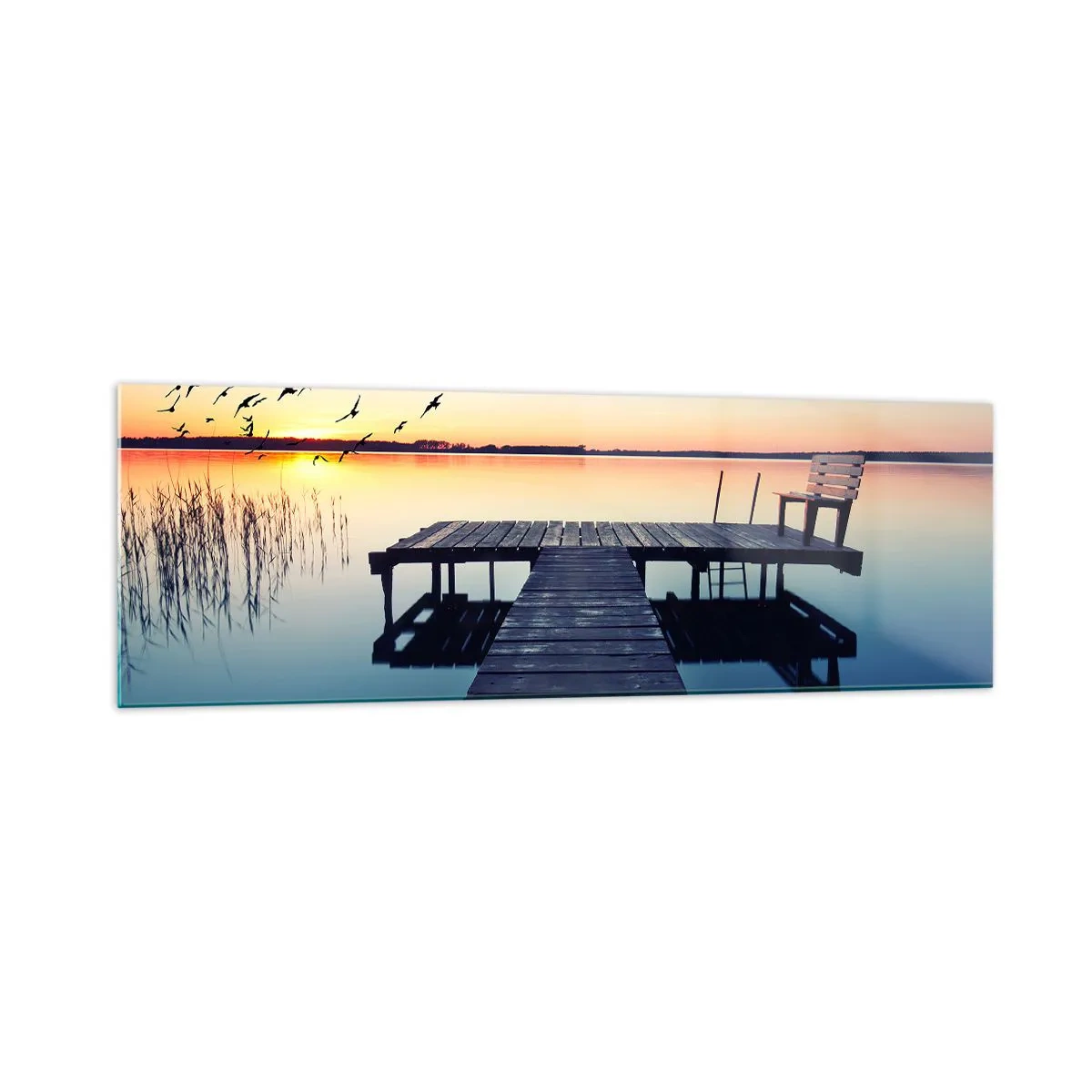 Glasbild - Bild auf glas - Holzsteg auf einem See bei Sonnenaufgang mit Vögeln - 160x50cm - Das war ein guter Tag - Moderne Wanddekoration für Wohnzimmer und Schlafzimmer ARTTOR