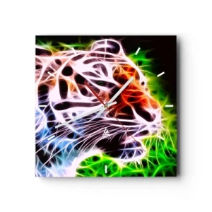 Wanduhr - Glasuhr - Farbenfrohes künstlerisches Porträt eines Tigers im Neonstil auf schwarzem Hintergrund. - 30x30cm - Schreckliche Aura - Moderne Wanddekoration für Wohnzimmer und Schlafzimmer ARTTOR