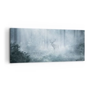 Bild auf Leinwand - Leinwandbild - Ein Hirsch in einem dichten Wald, eingehüllt in Morgennebel - 120x50cm - Morgenvisite auf dem Grundstück - Moderne Wanddekoration für Wohnzimmer und Schlafzimmer ARTTOR