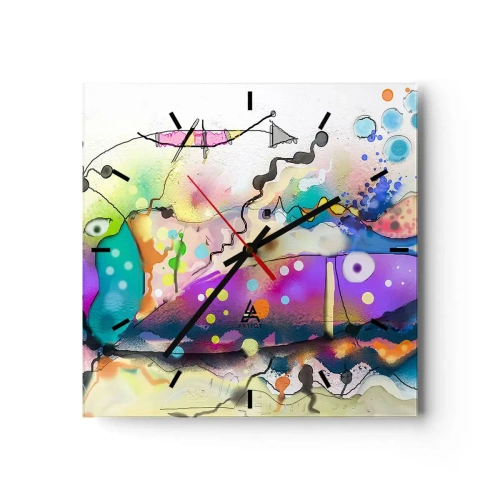Wanduhr - Glasuhr - Abstrakter Fisch in einer farbenfrohen, surrealen Komposition - 30x30cm - Es fehlen die Worte! - Moderne Wanddekoration für Wohnzimmer und Schlafzimmer ARTTOR