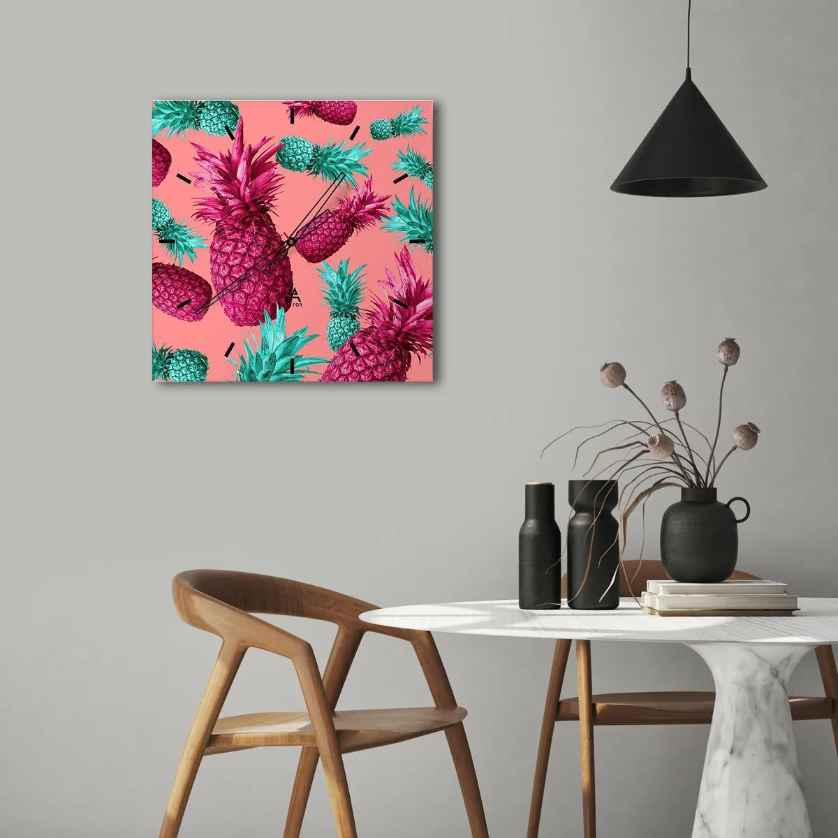 Wanduhr - Glasuhr - Exotische Ananas in Pink und Türkis - 30x30cm - Freiheit ist süß - Moderne Wanddekoration für Wohnzimmer und Schlafzimmer ARTTOR
