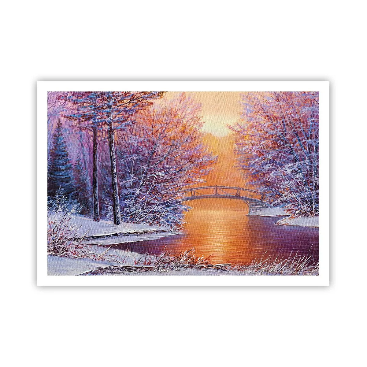 Poster - Winterlandschaft mit Brücke und Sonnenuntergang - 100x70cm - Treffen wir uns hier - Moderne Wanddekoration für Wohnzimmer und Schlafzimmer ARTTOR