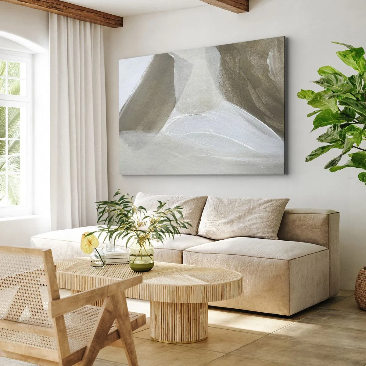 Bild auf Leinwand - Leinwandbild - Zarte Abstraktion in Beige- und Weißtönen - 120x80cm - Welle aus Weiß - Moderne Wanddekoration für Wohnzimmer und Schlafzimmer ARTTOR